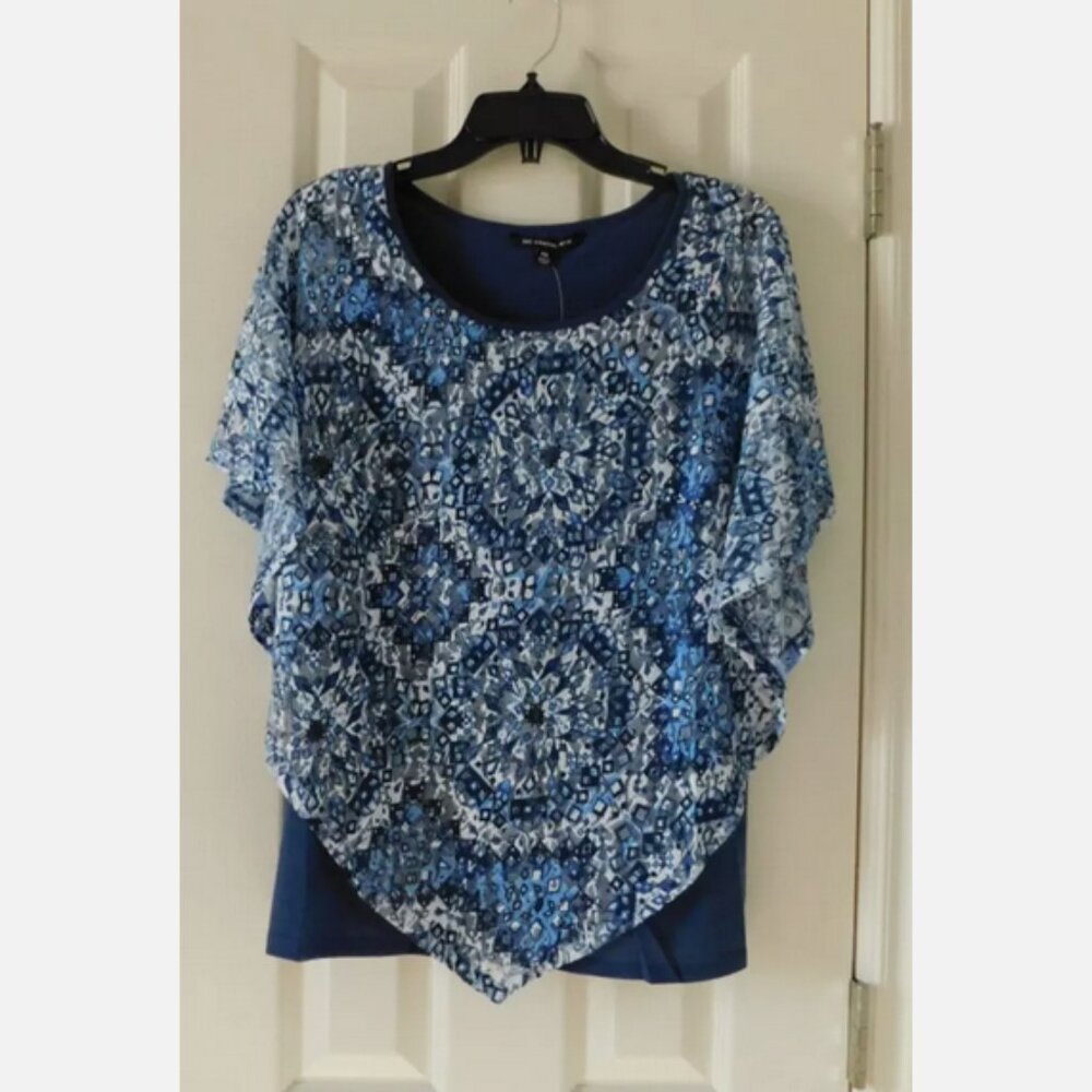 Zac &Rachel Top Draped Sleeveless Lace Layered Blue PXL NEW